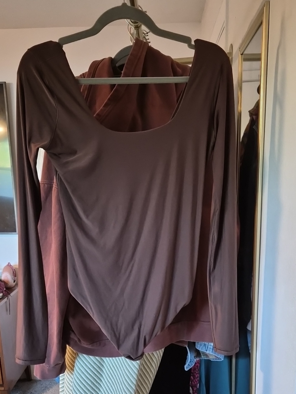 NWT Aerie Smoothez Chestnut Brown Scoop Neck Long Sleeve Bodysuit